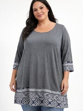 #1101 Gray Tunic Top Boho Border Print Hem and  Sleeve